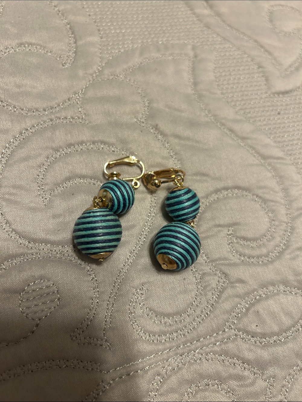Gold Clip-On Earrings with Teal and Navy Striped Beads